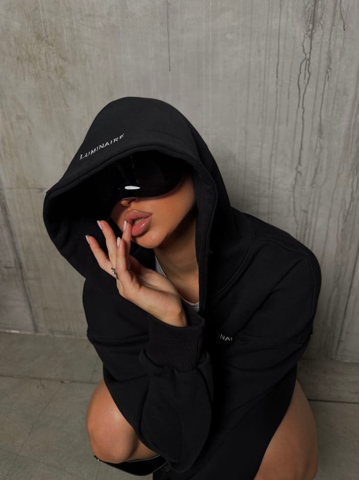 VOLUME hoodie in black, hood up